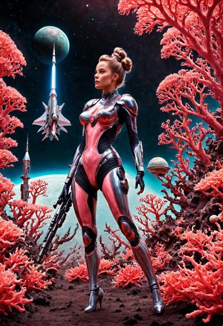 safe_pos, old pulp scifi movie poster, 1girl, full body, hair bun, beautiful, retro futuristic girl in a sexy space suit, gun made of coralbugXL alien battle, alien made of coralbugXL, towering landscape of coral, planet of mars made of coralbugXL