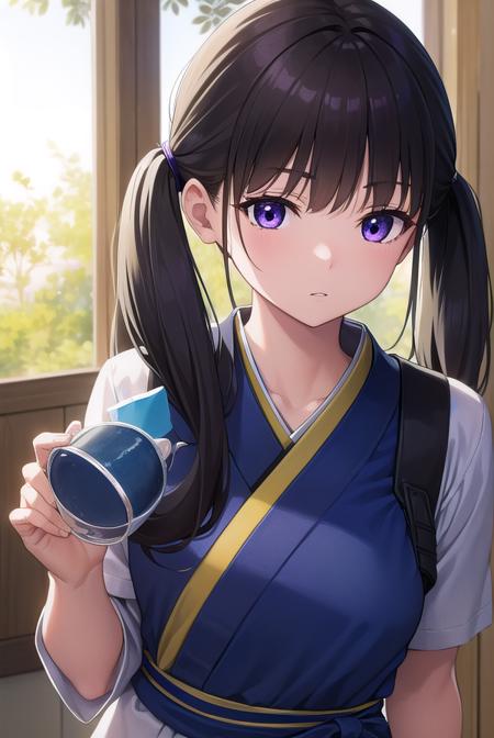 takinainoue, <lora:takinainoue-lora-nochekaiser:1>, 
inoue takina, long hair, bangs, twintails, black hair, (purple eyes:1.2),
BREAK japanese clothes, kimono, apron, waist apron, blue kimono, waitress,
BREAK indoors, cafe,
BREAK looking at viewer, (cowboy shot:1.5),
BREAK <lyco:GoodHands-beta2:1>, (masterpiece:1.2), best quality, high resolution, unity 8k wallpaper, (illustration:0.8), (beautiful detailed eyes:1.6), extremely detailed face, perfect lighting, extremely detailed CG, (perfect hands, perfect anatomy),