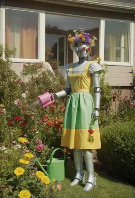 [Getty images quality, full-length photograph] , ((square_headed_retrofuturistic_robot) (wearing a rainbow coloured sun dress), (using a green_plastic_watering_can to water flowers), (on a warm afternoon), (in front of a suburban house), [photographed on 35mm film, and colorised with technicolor, (using experimental lenses)],  realisticvision-negative-embedding, epiCRealism
