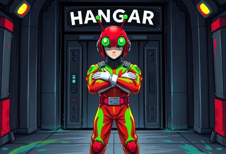 A dynamic, high-energy concept art illustration in a unique Splash Ink Illustration style, featuring a person at the heart of the image. They stand with arms confidently crossed before an imposing black door, emblazoned with the white text "HANGAR". Their vibrant costume, a stunning blend of electric green and fiery red, appears to burst with energy. A whimsical red helmet with bright green eyes and playful antennae adds a fantastical touch. Crisp white gloves provide a sharp contrast. The entire scene pulsates with a festive, celebratory mood. This is an Isometric, 4K, Exceptional Quality piece, showcasing stunning colors and harmonious, multi-colored palettes with contemporary aesthetics. Sharp Lines and Brush Strokes define the figure, set against an attractive, subtly stylized background. Impeccable Composition and a Creative Angle draw the viewer in, with balanced editing and intentional focus on the subject. A Powerful Message conveyed through Vivid Emotions and Joyful Impact, with Beautiful Detailed Eyes. CGSociety and Artstation Trending, embodying the Grammer Effect Style.