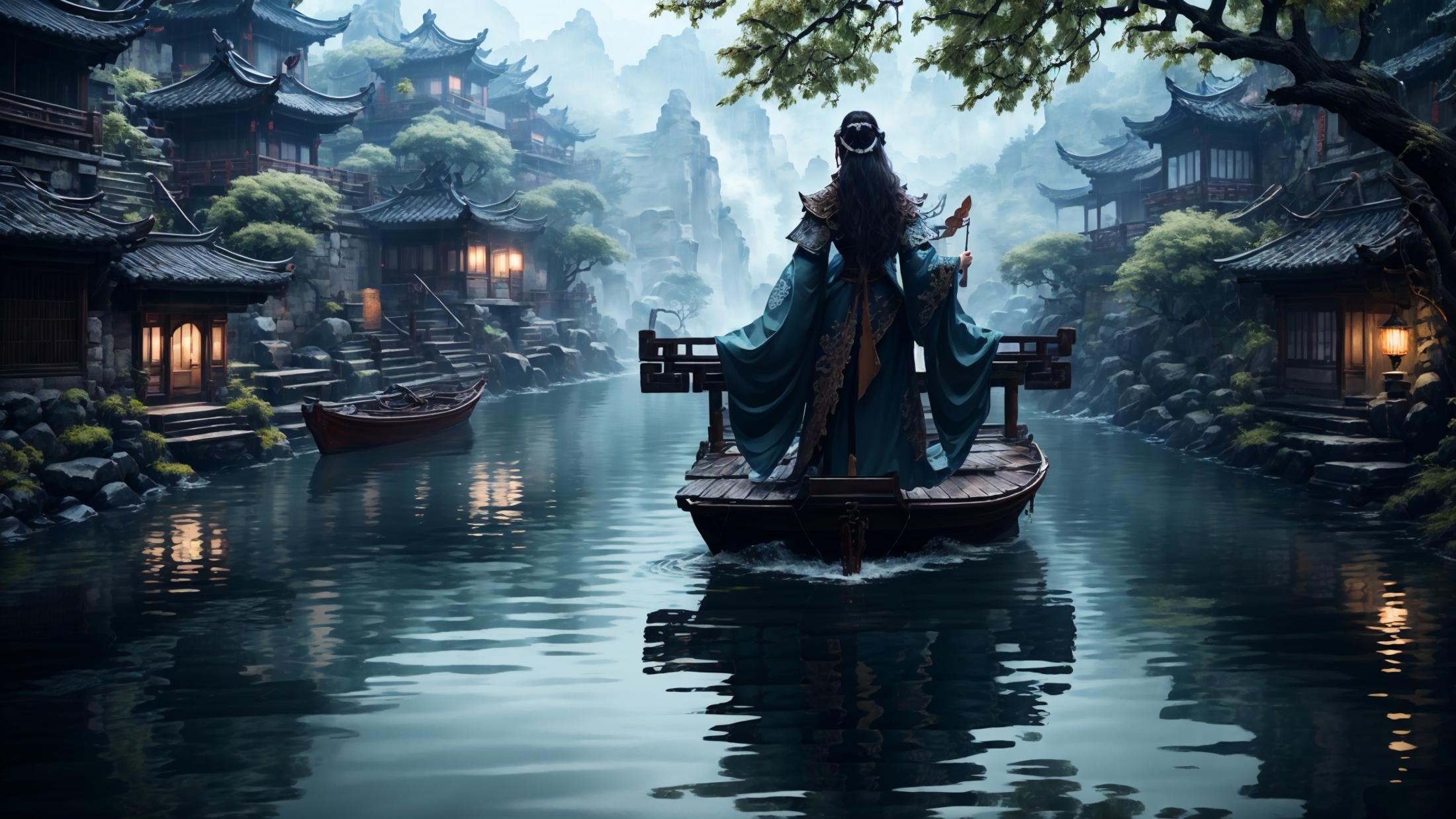 A beautiful woman in a blue kimono rides a boat down a river.