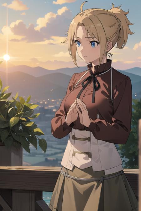 zenith greyrat, short hair, blonde hair, blue eyes, ponytail, ahoge, skirt, shirt, thighhighs, long sleeves, ribbon, boots, black thighhighs, thigh boots, brown shirt,