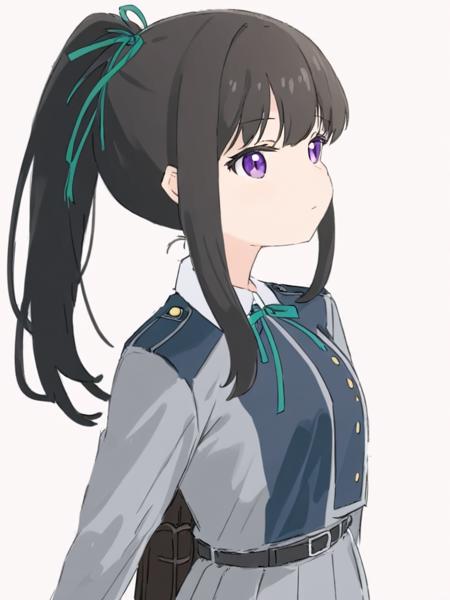 <lora:äºä¹ä¸æ³·å¥:1>,1girl,inoue_takina,solo,lycoris_uniform,long_hair,black_hair,two-tone_dress,purple_eyes,grey_dress,bangs,dress,blue_dress,pleated_dress,white_background,simple_background,shirt,collared_shirt,blue_belt,neck_ribbon,ponytail,belt,closed_mouth,long_sleeves,green_ribbon,ribbon,cowboy_shot,white_shirt,school_uniform,looking_to_the_side,looking_away,