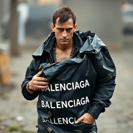 a dirty person, with ruined clothes, with a "BALENCIAGA" brand garbage bag, the clothes are also "BALENCIAGA" brand.
The person has a snobbish look, as if he were above others