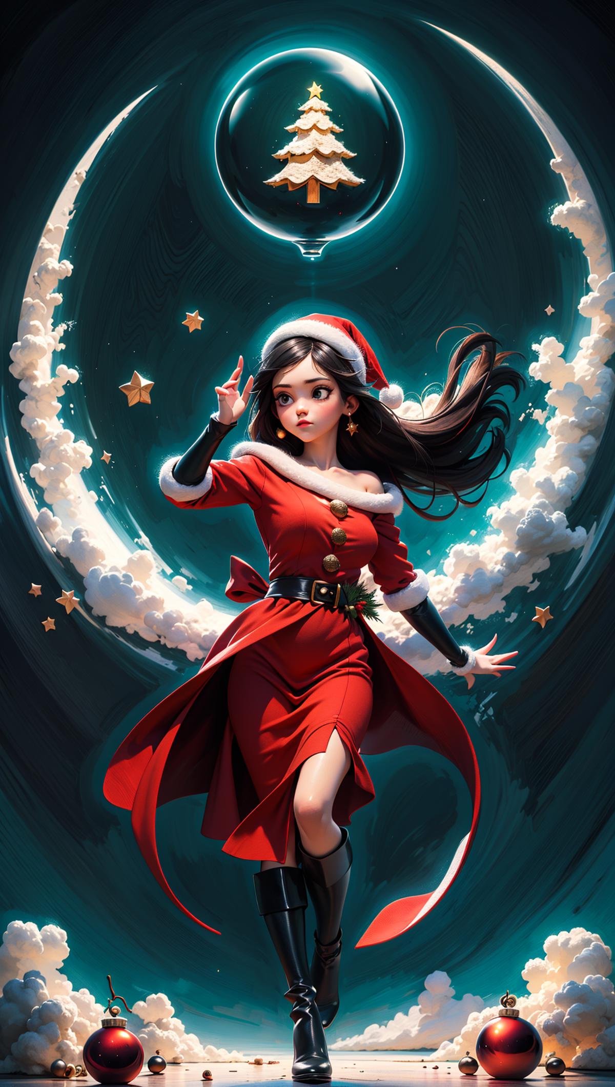 A digital painting of a woman in a Santa dress.