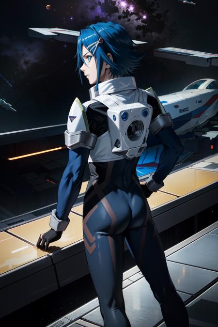 hayate immelmann\(macross delta\), solo, 1boy, from behind, male focus, blue eyes, hair ornament, hand on hip, hairclip, bodysuit, pilot suit, , space, spacecraft <lora:Hayate_Immelmann_No_commercial_use_is_allowed_LoRA:0.6>