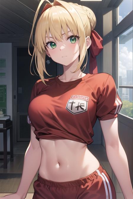 fgonero, <lora:nero-lora-nochekaiser:1>, 
nero, ahoge, blonde hair, (green eyes:1.5), hair between eyes, hair intakes, 
BREAK braid, buruma, french braid, gym shirt, gym uniform, hair bun, headband, official alternate costume, red buruma, red headband, single hair bun,
BREAK looking at viewer, 
BREAK indoors, classroom,
BREAK <lyco:GoodHands-beta2:1>, (masterpiece:1.2), best quality, high resolution, unity 8k wallpaper, (illustration:0.8), (beautiful detailed eyes:1.6), extremely detailed face, perfect lighting, extremely detailed CG, (perfect hands, perfect anatomy),