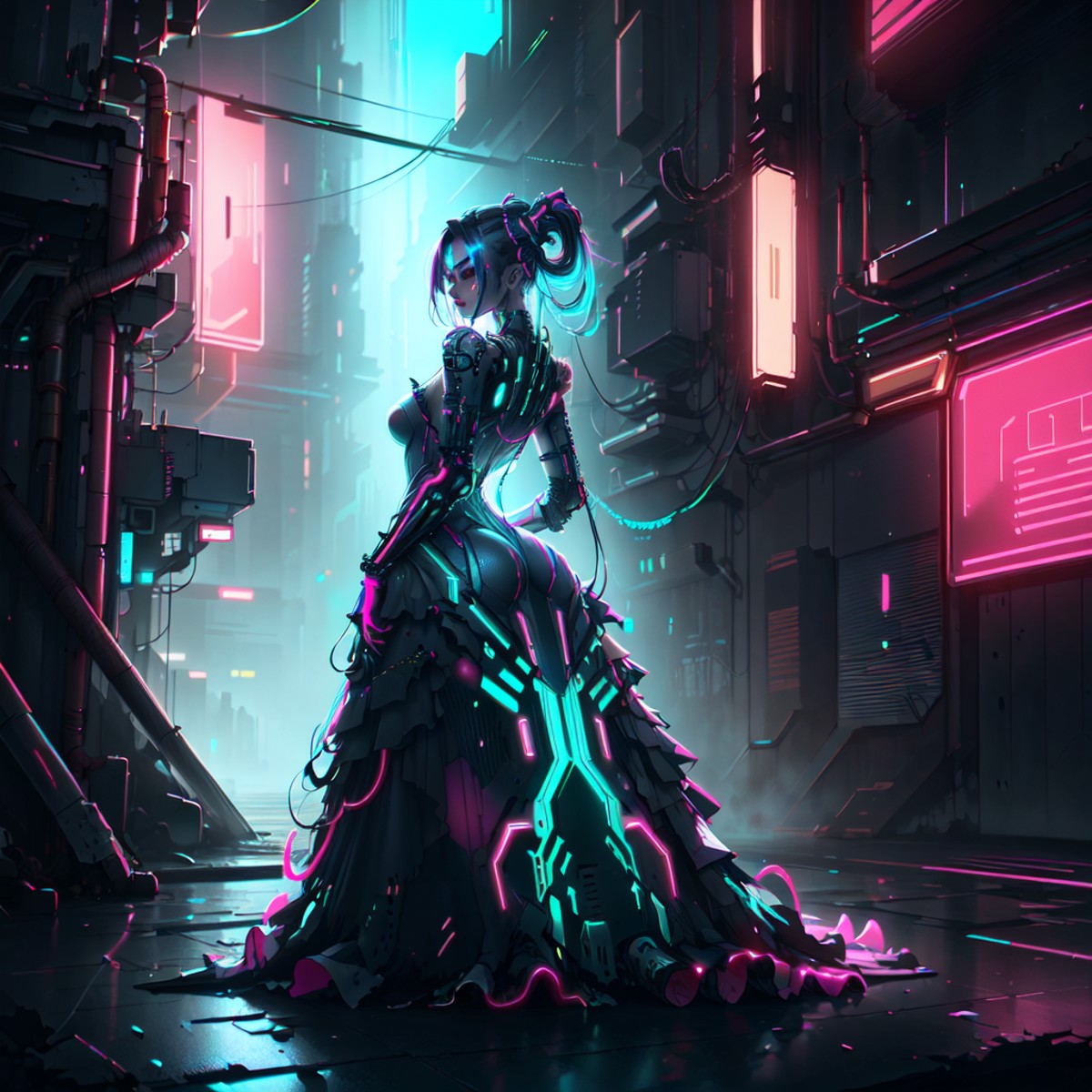 <lora:CyberPunkAI:1> CyberPunkAI ( | neon } dress on woman , detailed background