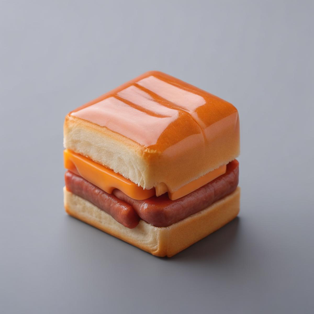 A tiny, plastic, orange-colored sandwich with a hot dog and cheese slice inside, sitting on a gray surface.