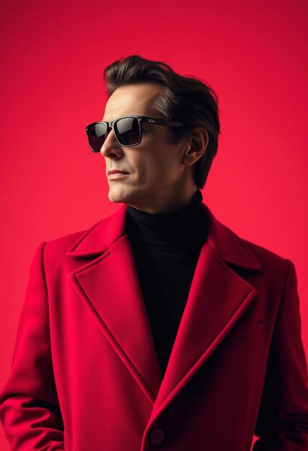 The best mobile wallpaper, Award-winning wallpaper, Portrait Photography, In front view is a portrait of alain delon wearing 1960s mid-century space-age fashion, Side view shot, Shot with Canon EOS R5, Setting a stark contrast that accentuates the subject, Fluorescent maroon shade, Wearing a very fashionable lounge coat and sunglasses are a hip 1960s style, Clothing all in one color, Beautiful background