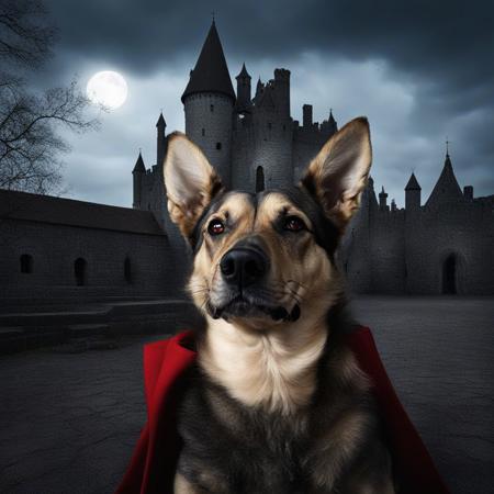 gothic style highres,absurdres,masterpiece,karmikarminsky,a dog cosplaying as dracula,<lora:karmikarminskyxl:1.15>,background is old castle, . dark, mysterious, haunting, dramatic, ornate, detailed