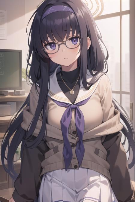 uikozeki, <lora:uikozeki-lora-nochekaiser:1>,
ui kozeki, bags under eyes, black hair, (purple eyes:1.5), glasses, halo, long hair, red-framed eyewear,
BREAK black pantyhose, black undershirt, blue hairband, blue neckerchief, brown cardigan, brown sweater, cardigan, hairband, long sleeves, messy hair, neckerchief, pantyhose, sailor collar, school uniform, serafuku, sweater, white sailor collar, white serafuku, skirt, long skirt,
BREAK looking at viewer,
BREAK indoors, classroom,
BREAK <lyco:GoodHands-beta2:1>, (masterpiece:1.2), best quality, high resolution, unity 8k wallpaper, (illustration:0.8), (beautiful detailed eyes:1.6), extremely detailed face, perfect lighting, extremely detailed CG, (perfect hands, perfect anatomy),