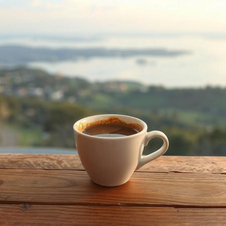 A cup of coffee on a wooden table, with hints of flavor Chocolate, Vanilla, Apricot, Pepper. front view across the horizon.