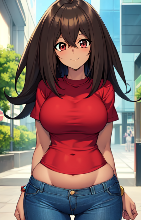 masterpiece, best quality, anime, ultra detailed, (yu-gi-oh:0.8),
mana, [1girl:(large breasts, wide hips, dark skin, medium hair, (long hair:0.8):1.5):1.0], (red shirt, short sleeves:1.2), (blue pants, denim:1.2), solo, cowboy shot, looking at viewer, outdoors, mall, (smile, closed mouth:1.1), <lora:Mana_yugioh-07:0.8:OUTD>