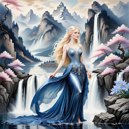 A royal dignified female, long curvy blonde hair, dark blue eyes, crystal metallic dress, mountains, lake, waterfall, fairies, flowers, fantasy. sinoink