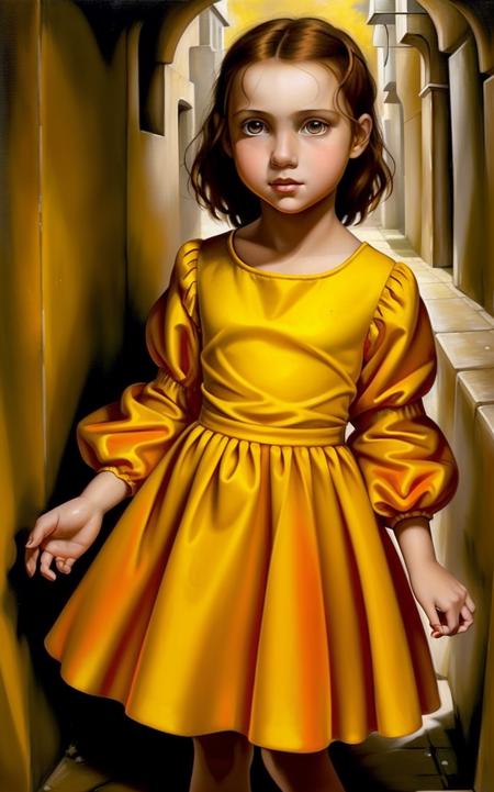 <lora:TDLP:0.6> painting of a young _girl side on with her head turned to face the camera, she is wearing a yellow-orange dress with long sleeves with her hand raised in a classic hand-pose standing in a dimly lit alley <lora:epiNoiseoffset_v2:0.6>