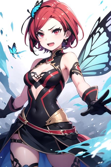 <lora:10Mia-04:0.7> ,miaptd, 1girl, solo, looking at viewer, short hair, open mouth, black hair, red eyes, gloves, holding, jewelry, weapon, red hair, earrings, black gloves, holding weapon, piercing, bug, butterfly, ear piercing