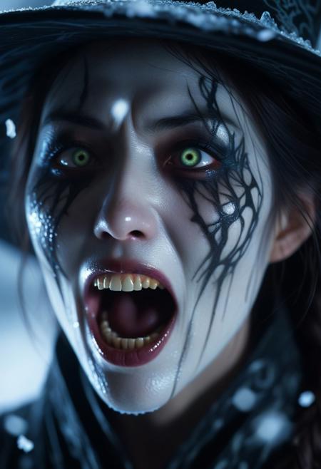 A cinematic extreme close-up of assassinmihq reimagined as a terrifying japanese witch. Her mouth is wide open in a menacing scream, revealing sharp, jagged teeth, as poison Cloud breath escapes into the eerie air. Her translucent skin glows faintly, as if made of magic, with intricate patterns glistening across her face. Her wide, glowing eyes exude both beauty and terror, contrasting with the eerie perfection of her Ethereal form. Backlighting creates a dramatic, atmospheric glow, illuminating the snowflakes swirling in the air and emphasizing the sharp edges of her charming visage. The scene is chilling, intense, and hauntingly beautiful.