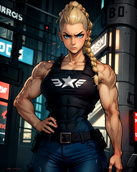 EstelSR4 police uniform, vest blonde hair, single braid, blue eyes, muscular female