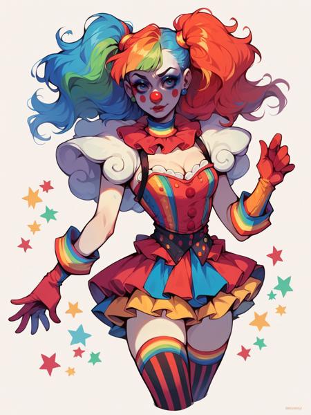 c1rcus, clown, multicolored hair, thighhighs, gloves, makeup, striped hat, jester cap