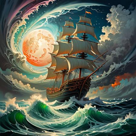 Zentangle extreme effect, landscape with Variegated splashes of color,
big full moon, Storm in the ocean, huge waves, sea foam, hurricane wind drives clouds across the sky, on the crest of the wave of a ship with inflated sails,
fantastical surrealism by Daniel Merriam, Joe Fenton,
ral-cnvctncrnts  <lora:ral-cnvctncrnts:0.25>, 
painted world <lora:Painted World:0.5>, 
fractalvines  <lora:Fractal_Vines:0.6>