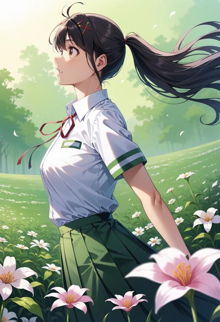 aasuzume, long hair, black hair, antenna hair, ponytail, hairclip, x hair ornament, brown eyes, school uniform, neck ribbon, collared shirt, white shirt, shirt tucked in, short sleeves, pleated skirt, green skirt