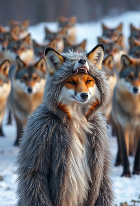 fox wearing wolf costume, many wolf in the background,