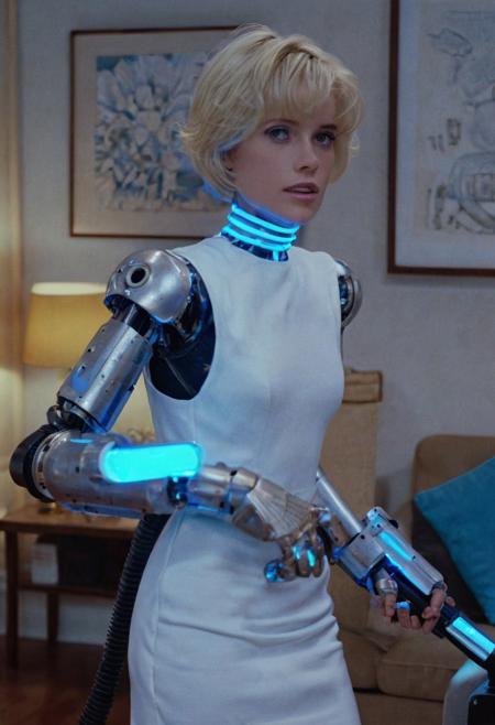A robotic female that looks like a human but has robotic gears in her neck and blue neon lighting, has very short blonde hair, in a living room vacuuming, wearing a white dress, the 1980s, DVD screenshot, film scene, analog film grain, DSLR, UHD