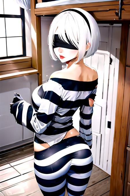 (torn clothes), looking back, looking at viewer, <lora:priclothes-70:.8>, priclothes, striped clothes, shirt, 1girl, pants, yorha no. 2 type b, solo, white hair, blindfold, short hair, mole under mouth, long sleeves, black hairband, parted lips, bangs, indoors, upper body,  off shoulder, medium breasts, thick thighs, ass, from behind, sink, bunk bed, bed, standing, <lora:2bNierAutomata_lycov1:1>, Masterpiece, best quality, Masterpiece, best quality, Masterpiece, best quality, Masterpiece, best quality, Masterpiece, best quality, Masterpiece, best quality