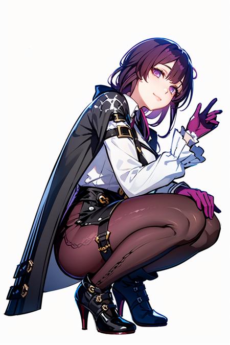 masterpiece, best quality, best light, best shadow, highly detailed,ultra detailed,KAFUKA, 1girl, solo,eyes,from below,squatting, purple gloves, standing, purple stockings, hands up, looking at viewer, single boot, white background,<lora:KAFUKAV3-000008:0.9>