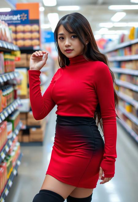 portrait of a young woman pokimane, wearing a red turtleneck dress. She has dark brown hair and brown eyes. She is in walmart, black skirt,large breast, high heels ,boots, thigh highs,
