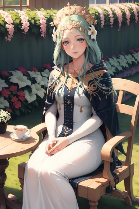 masterpiece, best quality, defRhea, headdress, hair flower, tiara, blue cape, long white dress, looking at viewer, garden, table, chair, tea party, sitting, looking at viewer <lora:rhea-nvwls-v3-000009:0.9>