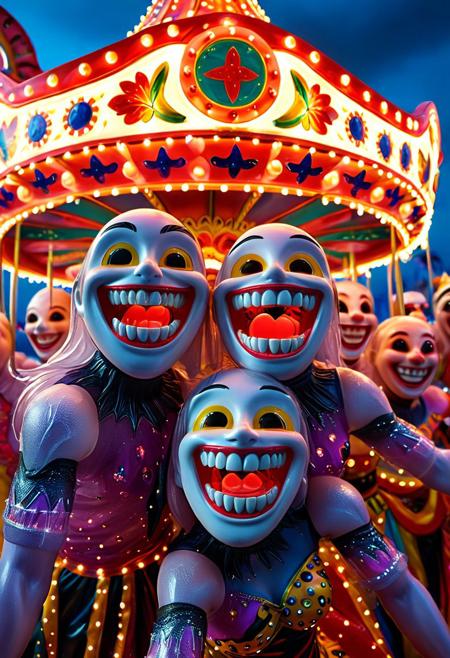 A surreal, nightmarish carnival of plastic figures frozen in unnatural laughter, their hollow eyes reflecting neon lights. Their vibrant, molded bodies twist in a never-ending dance, arms locked in an inescapable embrace. A monstrous carousel of synthetic faces, grinning too wide, teeth fused into perfect, seamless smiles. The music never stops, the colors never fade, but the laughter is hollow. Ultra-detailed, hyper-realistic, cinematic lighting, 8K, octane render, eerie carnival aesthetics, uncanny synthetic beauty, grotesque festivity.novuschroma53 style, rp_slgd