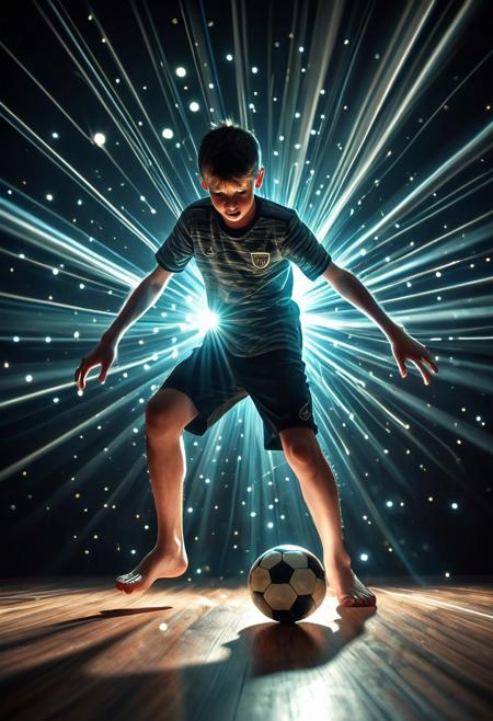 Craft a dynamic and stylish image of a boy playing a ball with his feet, captivating light effects. Generate an action-packed scene with a close-up view and an unusual camera angle to add flair. Emphasize the playfulness of the ball, incorporating striking light patterns that elevate the image into a visually stunning and stylish composition. Raw image