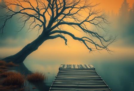 A misty morning at a secluded creek, where an ancient, leaning tree stretches over the still waters. The scene is enveloped in a harmony of warm oranges and cool teals, the wooden dock appearing weathered yet inviting. Lush painterly strokes and moody atmosphere reminiscent of Albert Bierstadt and James Gurney.