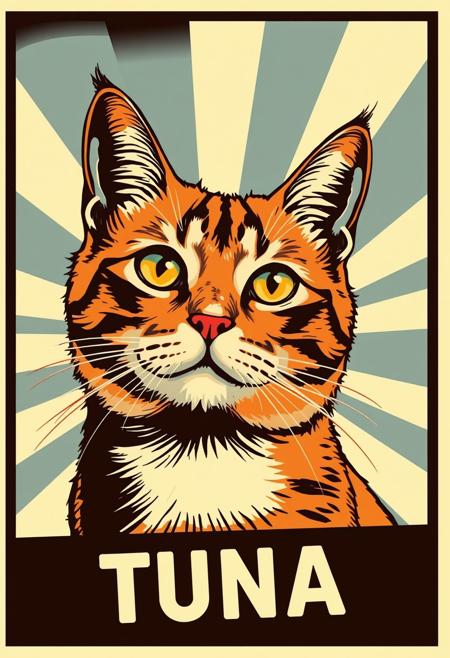 Comic-style Ginger Cat  in the Shepard Fairey "HOPE" aesthetic, focusing on the cat's face. The design uses bold  contrast with minimalistic detailing. "TUNA" is prominently displayed at the bottom in large,  bold letters.