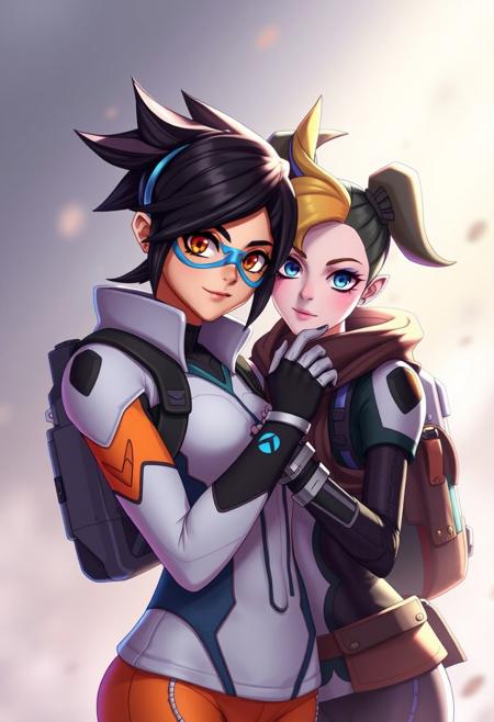 Tracer from Overwatch and Jinx from League of Legends holding each other whilst staring at the viewer