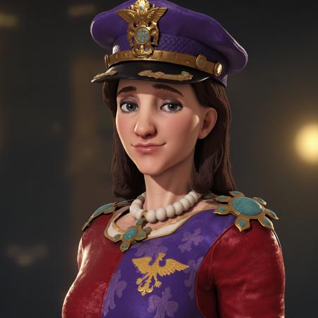 jdwgcv6 with a tall crown and a white pearl necklace red and purple split color dress with a heraldic eagle logo video game screenshot