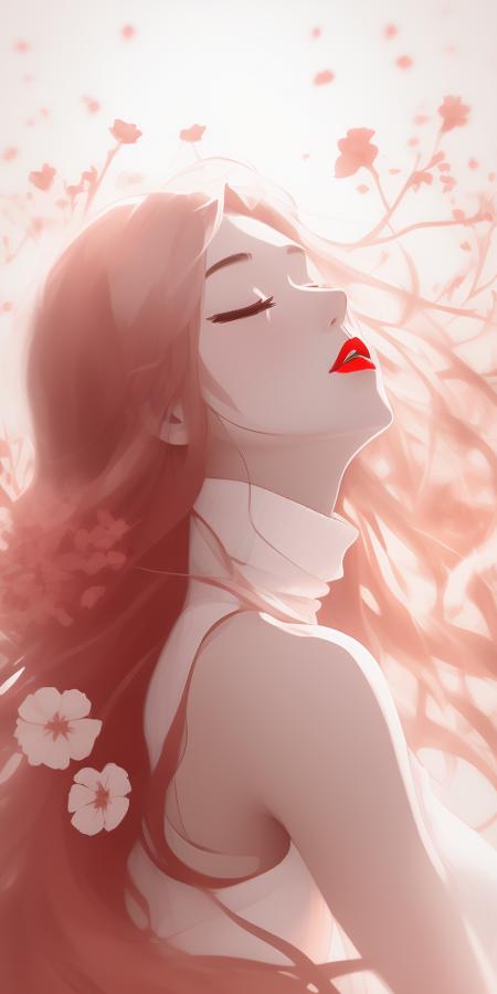 <lora:Mr_MC_R-WM_V1.2:0.65>,Mr_MC_R-WM_V1,1girl, long hair, solo, floating hair, closed eyes, upper body, sleeveless, parted lips, red lips, lips, pink hair, turtleneck, bare shoulders, (flower), eyelashes