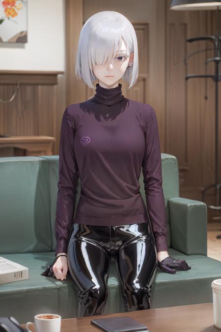 (masterpiece, best quality:1.2), <lora:sxf_frost-14:1.0>, solo, 1girl, fiona frost, expressionless, closed mouth, sitting, short white hair, hair over one eye, purple eyes, black turtleneck, long sleeves, black pants, gloves, (sofa:1.1), coffee table