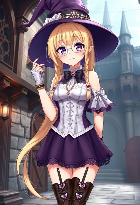 masterpiece), (beautiful), (high detail), (gorgeous), (alluring), (high quality), (4k), (high res), (high resolution), Semi-realistic western anime, Cute, 1girl, solo, long hair, looking at viewer, portrait, lower body in view, standing,( medieval academy background:1.1)
(Witch girl:1.1), witch student, medieval clothes, cute clothes, lace details on clothing, ( thigh length skirt:1.1), witch hat,( ornaments on hat:1.1), bowtie,( fingerless lace gloves:1.1), ( black knee high socks:1.1), brown high boots, high heels, detached sleeves, white corset, purple bodice, gold necklace, ( silver thick frame glasses:1.2), amethyst earrings, bracelet, off shoulder neckline,
(Makeup:1.1), perfect face, perfect look, glaring eyes, smiling, red lipstick, winged eyeliner, eyeshadow, red painted nails, purple iris, detailed eyes, 
Blonde hair, long ponytail braids, bangs, shoulder length hair,