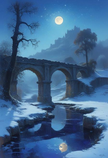 Surreal mist-covered valley at dawn, oil painting with thick textured brushstrokes, illuminated by the soft, pale light of the full moon casting long shadows across a medieval stone bridge. The scene features delicate, glowing vines winding around crumbling ancient columns, and jagged, snow-covered mountains in the distance. A winding path of weathered stone leads through the valley, past ancient pine trees covered in flurries of snow. Distant reflections of crumbling gothic structures are reflected in a frozen pond, captured in fine brushstrokes. Surrounding the horizon, vibrant stars begin to emerge as the sky transitions from a deep indigo to a dark violet , with soft hints of blue and brown strokes. Pointillism for the distant stars, light textures for fog layers, and detailed oil painting for foliage, rocks, and ruins add depth and complexity, blending classical realism and contemporary surrealism in a hyper-detailed, atmospheric composition.