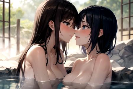 2girls, yuri, kiss, naked, small breasts, outdoor, bathing with steam, hot spring, onsen, sweat,  smiling, depth of field, bokeh,  detailed background, detailed lighting, diffused natural sunlight, diffused natural skin glow, symmetry eyes,