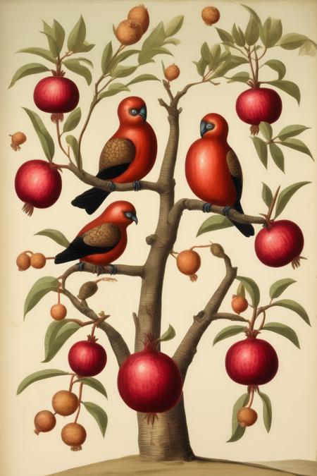 <lora:Mark Catesby Style:1>Mark Catesby Style - A couple of lovebirds are sitting on the branches of a pomegranate tree. Mark Cates