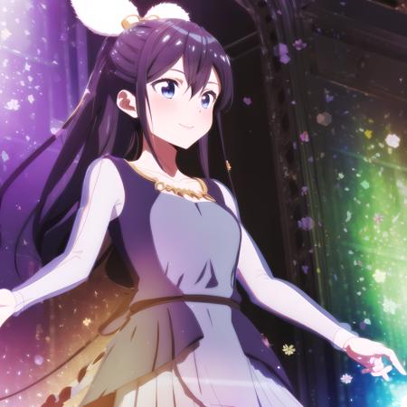 high quality, best quality, masterpiece, absurdres, rena hananoi, idol, 1girl, stage,  <lora:rena-new01:0.85>, glow, light_particles, smile, blush, upper_body, bow, ribbon, blue_dress