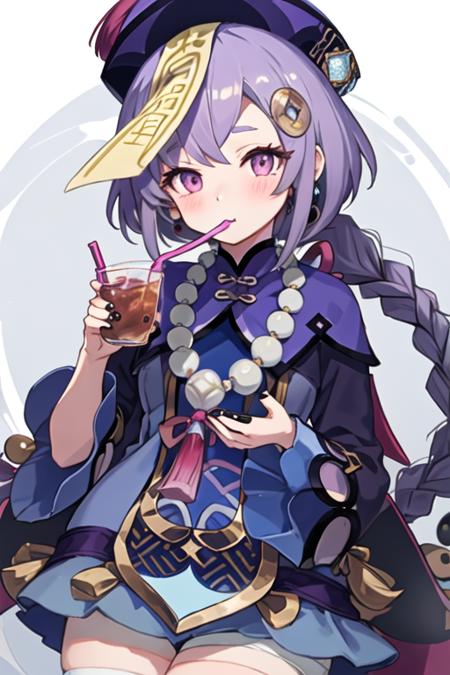 best quality, masterpiece, highres, solo, {qiqi_genshin:1.15}, purple_hair, bangs, hat, ofuda, qing_guanmao, hair_ornament, purple_eyes, jewelry, jiangshi, necklace, beads, bead_necklace, coin_hair_ornament, purple_headwear, long_hair, braid, hair_between_eyes, blush, 1girl, drinking, drinking_straw, long_sleeves, drink, holding, looking_at_viewer, chinese_clothes, coconut, drinking_straw_in_mouth, flower