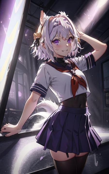 dramatic lighting, bloom, filian, 1girl, solo, purple eyes, white hair, short hair, animal ears, hair bell, hairband, school uniform, blue skirt, tail, smile, arms behind back, looking at viewer, contrapposto