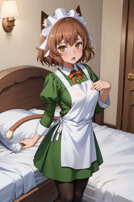 masterpiece, best quality, <lora:anyafromel-nvwls-v1-000009:0.9> anya fromel, maid headdress, cat ears, green dress, apron, cat tail, pantyhose, bedroom, standing, looking at viewer, surprised, blush, lamp