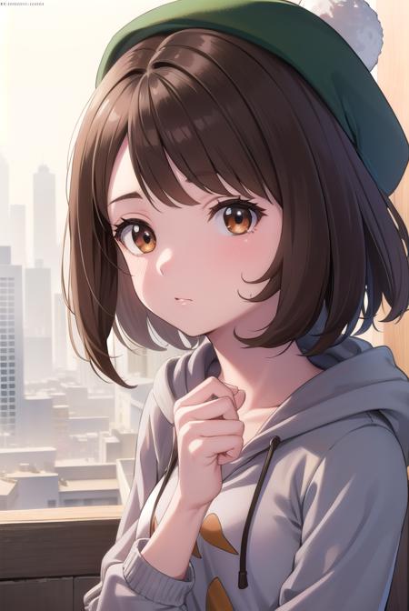 pokemongloria, <lora:pokemongloria-lora-nochekaiser:1>,
pokemongloria, (brown eyes:1.5), brown hair, medium hair, (small breasts:1.2),
BREAK cardigan, dress, green headwear, grey cardigan, hood, hood down, hooded cardigan, long sleeves, pink dress, short dress,
BREAK looking at viewer, (upper body:1.2),
BREAK outdoors, city, sky,
BREAK <lyco:GoodHands-beta2:1>, (masterpiece:1.2), best quality, high resolution, unity 8k wallpaper, (illustration:0.8), (beautiful detailed eyes:1.6), extremely detailed face, perfect lighting, extremely detailed CG, (perfect hands, perfect anatomy),