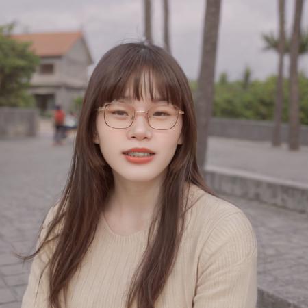 (best quality:1.4), (ultra highres:1.2), (photorealistic:1.4), (8k, RAW photo:1.2),(portrait shot:1.3), pinomyim, 1girl, solo, looking at viewer, bangs, brown hair, upper body, outdoors, blurry background, realistic, glasses, round eyewear, ponytail, realistic, long hair, Perfect Hands,   <lora:closemouth:0.75>,  <lora:braces-mini:0.75>,showing teeth,